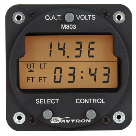CHRONOMETER/Digital Clock with 28V lighting. O.A.T. (outside air temperature) Fahrenheit and Celsius. Displays Universal time, Local time, Elapsed time and Flight time, red and blue buttons, Includes Temperature Probe (CESSNA CONFIG). M803B-2-0/28V-B